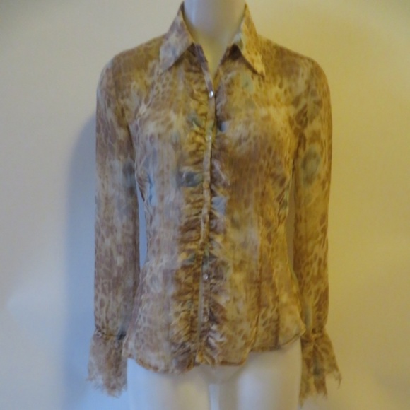 A'NUE LIGNE BROWN/CREAM/BLUE ANIMAL PRINT TOP SZ S - Picture 1 of 8